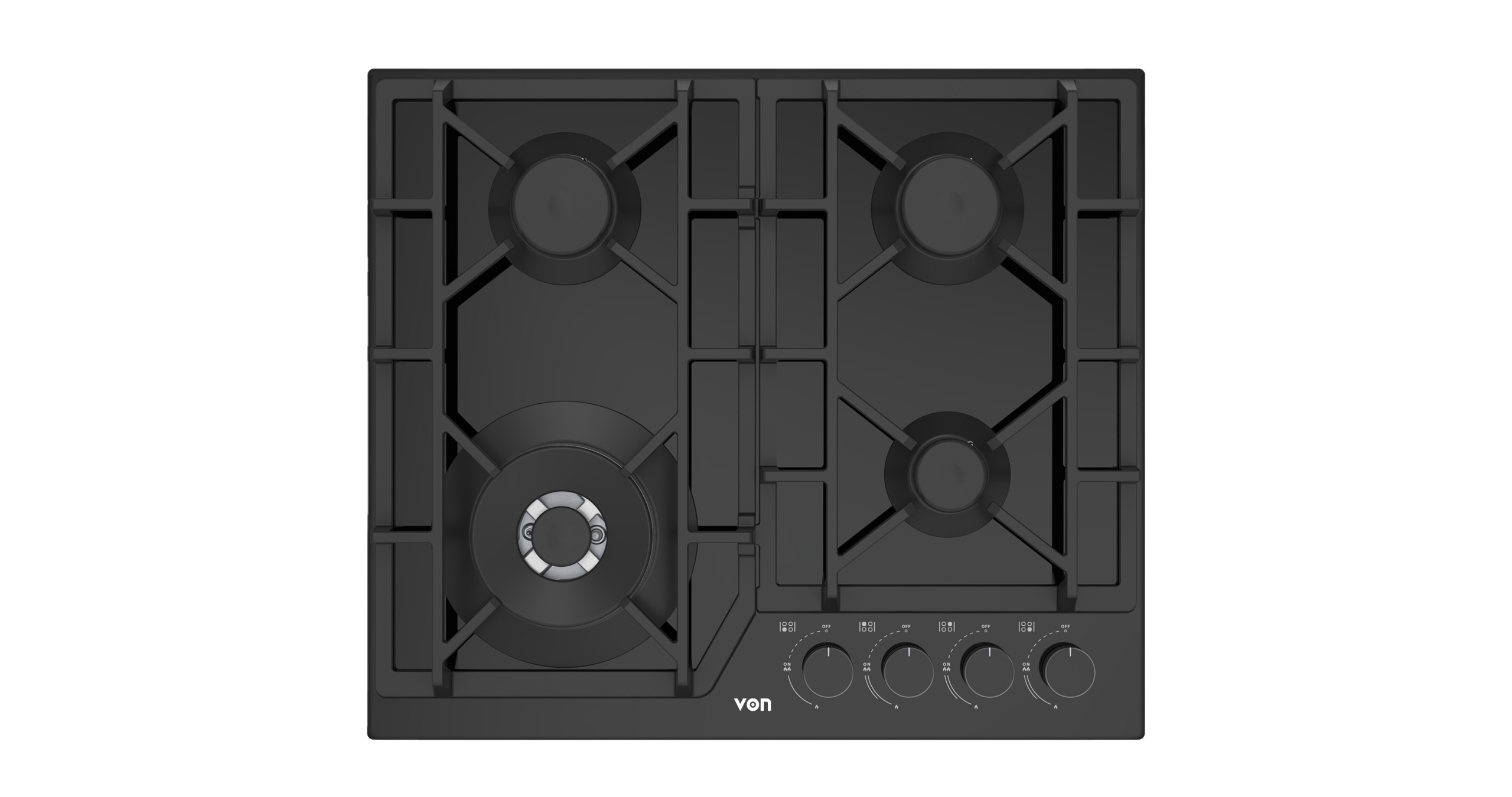 VON VHB58435WFCK Built In Hob, 4 Gas With WOK, 60CM - Black Glass