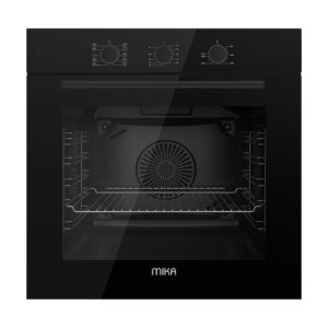 MIKA Built In Oven, 60cm, 73L, Fry Art (Air Frier), Convection (Turbo) Fan Oven, 10 Functions, Pop Up Knob Control, with Grill & Rotisserie, Black Glass Finish