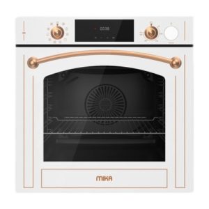 MIKA Built In Oven, 60cm, 73L, Steam Art & Fry Art (Air Frier), Convection (Turbo) Fan Oven, 10 Functions, Digital Display Timer, with Grill, Pop Up Knob, White Glass Finish