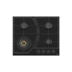 MIKA Built-In Gas Hob, 60cm, 4 Gas with WOK, BRASS SABAF Burner, Black Glass