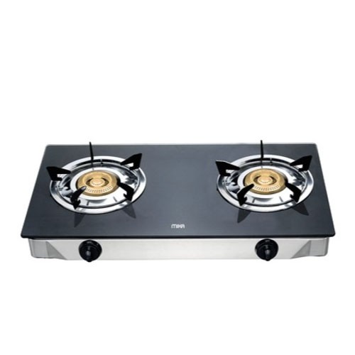 MIKA Gas Stove, Glass Top, Double Burner, Black