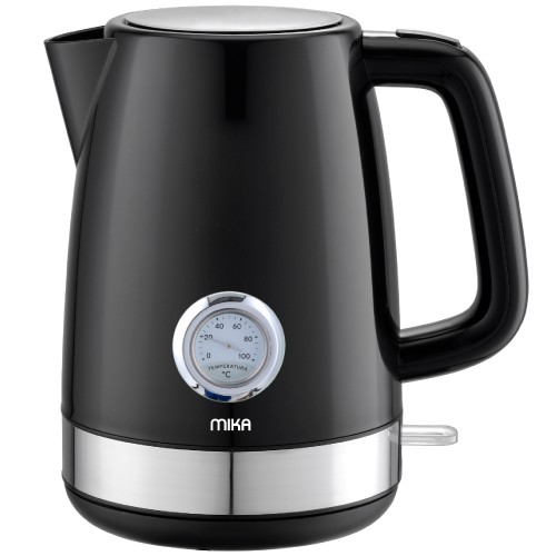 MIKA Kettle, 1.7L, Plastic, 360º Cordless, Concealed Element,with Temperature Gauge, Black