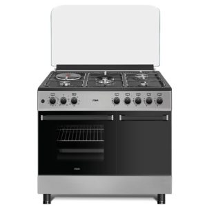 MIKA Standing Cooker, 90cm x 60cm, 4 Gas Pool Jet Burners (1 Wok) + 1 RAPID Hot Plate, Auto Ignition, 4 Function Electric Oven, GAS CYLINDER CABINET, Rotisserie, Mirror Black Hob, Silver Body