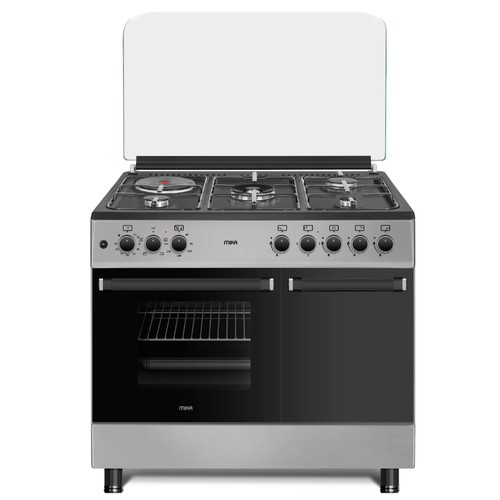 MIKA Standing Cooker, 90cm x 60cm, 4 Gas Pool Jet Burners (1 Wok) + 1 RAPID Hot Plate, Auto Ignition, 4 Function Electric Oven, GAS CYLINDER CABINET, Rotisserie, Mirror Black Hob, Silver Body