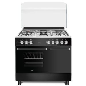 MIKA Standing Cooker, 90cm x 60cm, 4 Gas Pool Jet Burners (1 Wok) + 1 RAPID Hot Plate, FLAME FAILURE SAFETY, Auto Ignition, 6 Function Electric Oven (Convection Fan), GAS CYLINDER CABINET, Rotisserie, Stainless Steel Hob, Matt Black Body