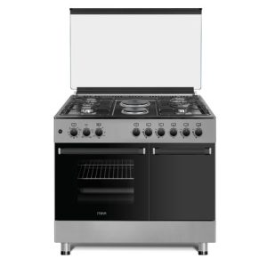 MIKA Standing Cooker, 90cm x 60cm, 4 Gas Pool Jet Burners + 2 RAPID Hot Plates, Auto Ignition, 4 Function Electric Oven, GAS CYLINDER CABINET, Rotisserie, S.S Hob, Silver Body