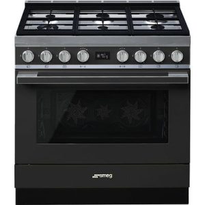 SMEG CPF9GPAN Cooker 6 Gas + Electric Oven Black With Stainless Steel HOB -Thermo Ventilated, Pyrolytic