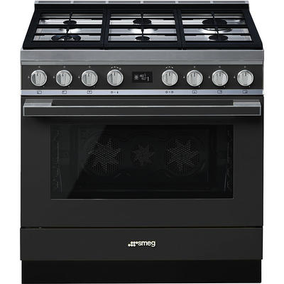 SMEG CPF9GPAN Cooker 6 Gas + Electric Oven Black With Stainless Steel HOB -Thermo Ventilated, Pyrolytic
