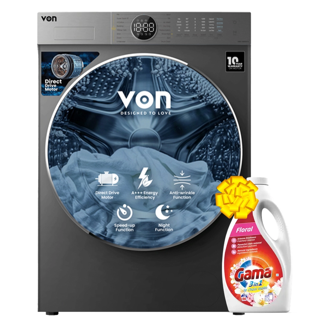 VON VWD-106FDDTX Front Load Washer/Dryer - 10/6KG + Get Free Gama Laundry Liquid Flora 3L - 66 Washes