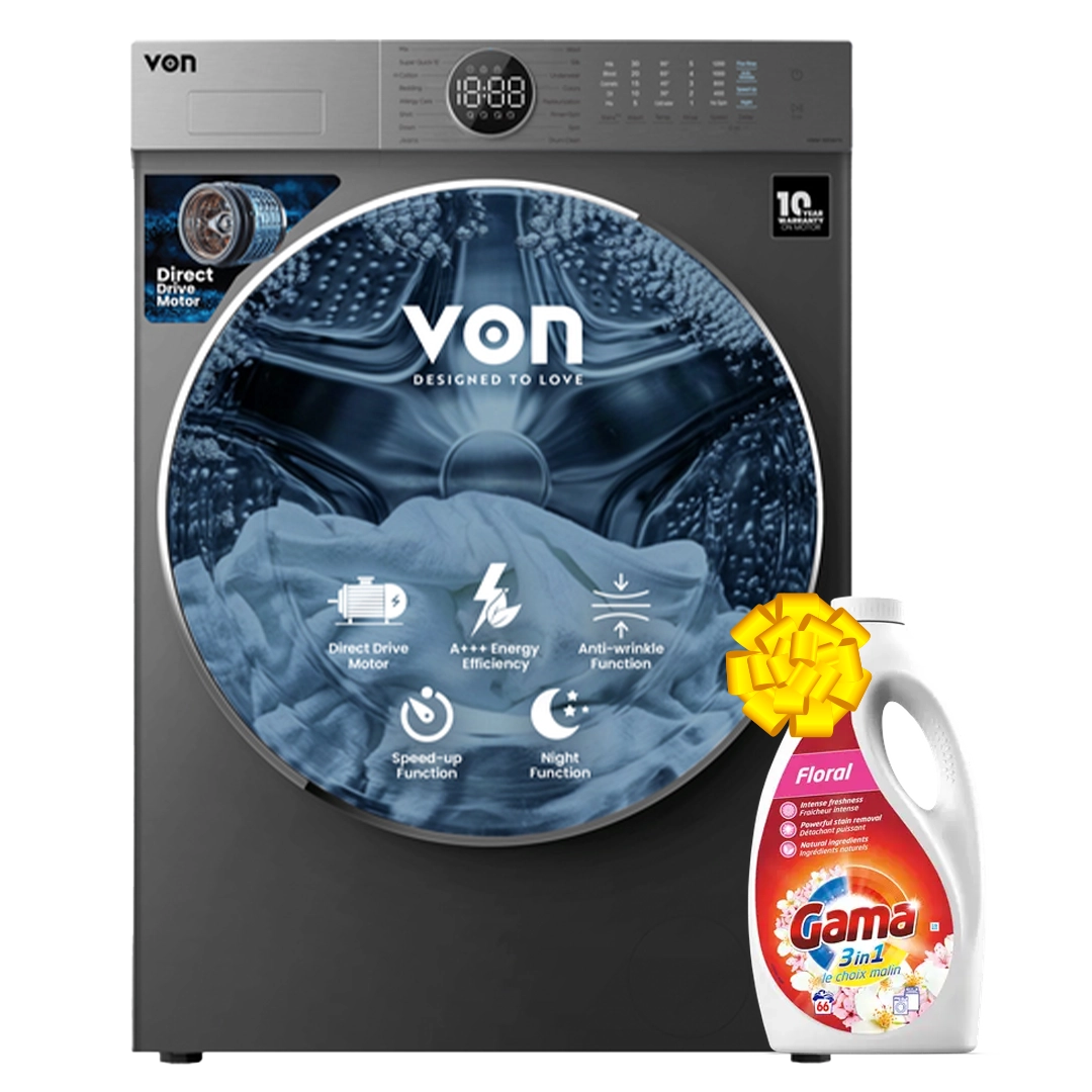 VON VWM-10FDDTX Front Load - 10KG + Get Free Gama Laundry Liquid Flora 3L - 66 Washes