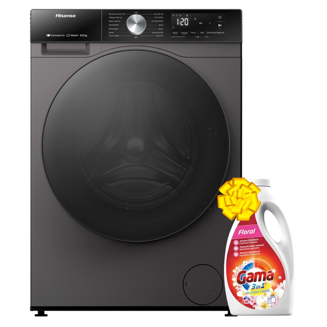 Hisense WD3S1043BT Front Load Washing & Dryer, 10.5/6KG - Silver + Get Free Gama Laundry Liquid Flora 3L - 66 Washes